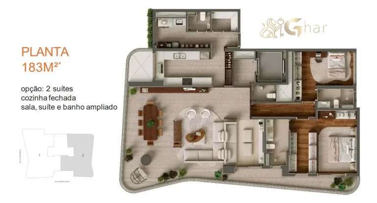Planta de apartamento com 2 suítes e 183m² em condomínio no Paraíso Zona Sul São Paulo