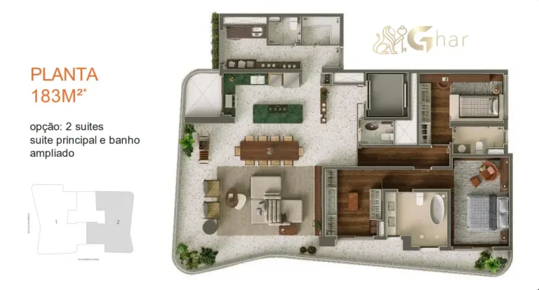 Planta alternativa de 183m² com 2 suítes em apartamento de alto padrão no Paraíso São Paulo