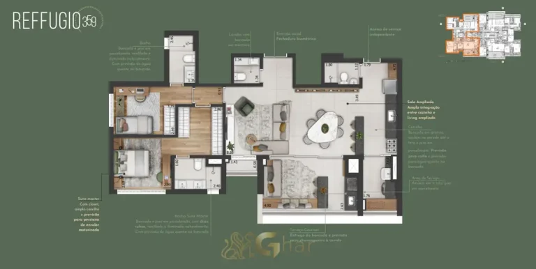 Planta de apartamento com 2 suítes de 108 m² do Reffugio 359 na Aclimação São Paulo
