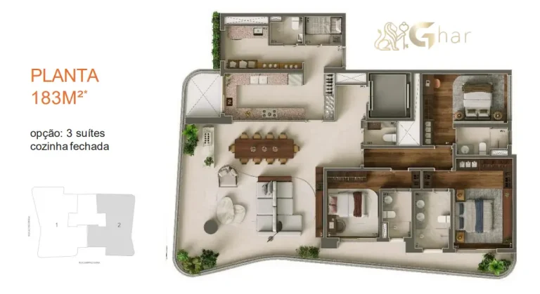 Planta do apartamento de 3 suítes e 183m² do Ibiatã Paraíso no Paraíso São Paulo