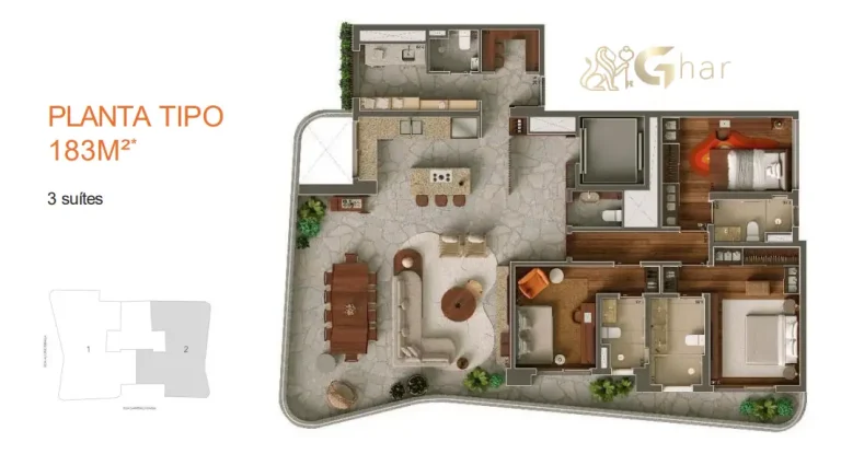Planta de apartamento com 3 suítes e 183m² em condomínio de alto padrão no Paraíso São Paulo