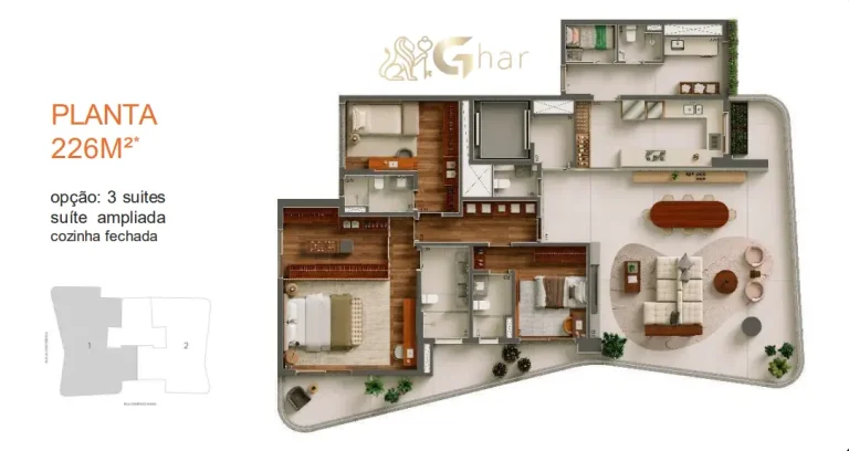 Planta do apartamento de 3 suítes e 226m² do Ibiatã Paraíso no Paraíso São Paulo