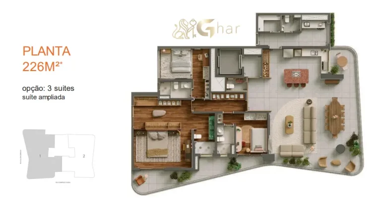 Segunda opção de planta com 3 suítes e 226m² em condomínio no Paraíso Zona Sul São Paulo