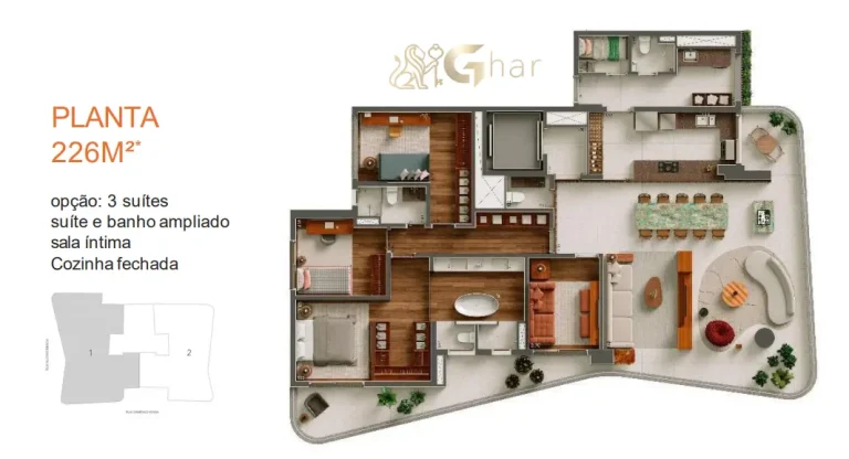 Planta de apartamento 3 suítes 226m² em empreendimento de alto padrão no Paraíso São Paulo
