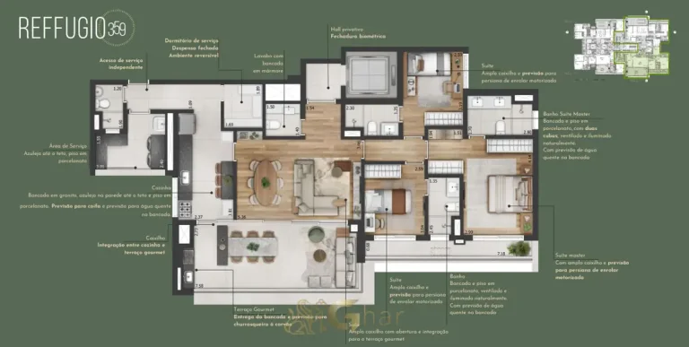 Planta de apartamento com 3 suítes de 150 m² em condomínio de alto padrão na Aclimação São Paulo