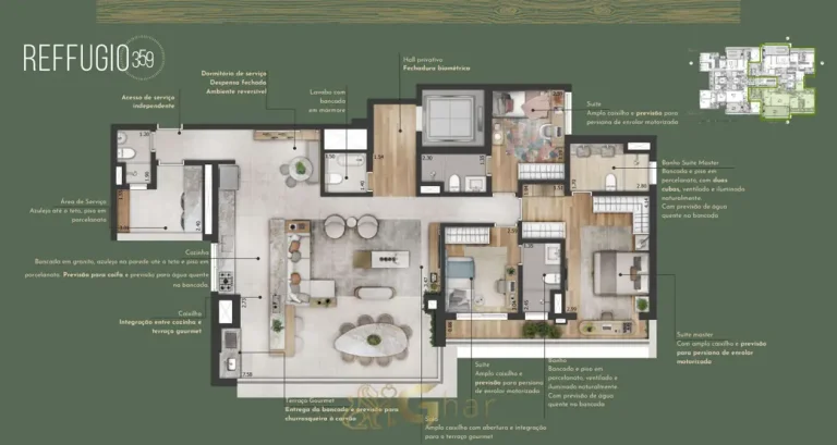Planta opção do apartamento 3 suítes 150 m² do Reffugio 359 na Aclimação São Paulo
