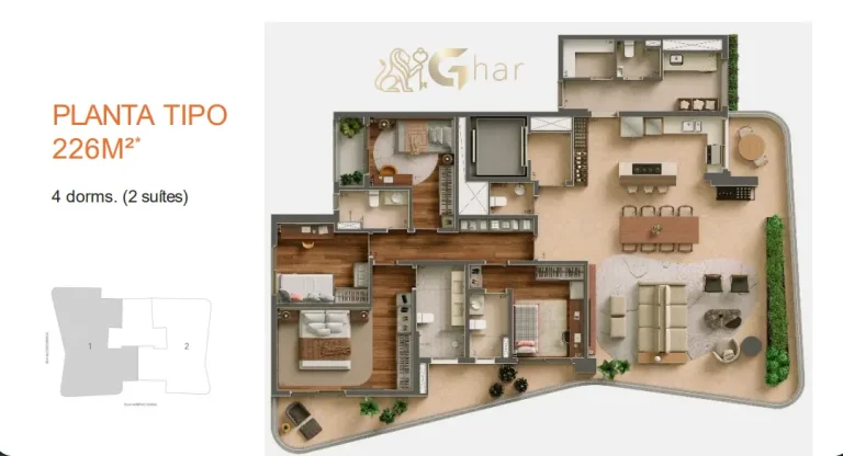 Planta do apartamento de 4 dormitórios e 226m² do Ibiatã Paraíso no Paraíso São Paulo
