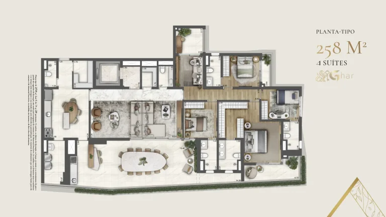 Planta de apartamento 4 suítes 258 m² em condomínio residencial no Paraíso Zona Sul São Paulo