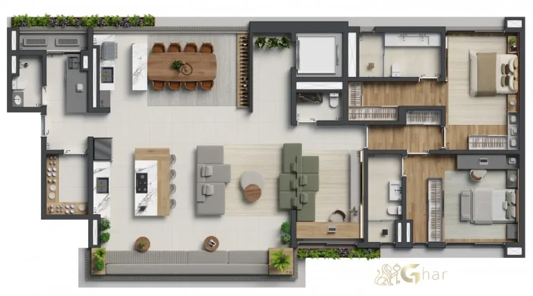 Planta de apartamento de 2 suítes com 198m² do Biotique Ibirapuera no Ibirapuera São Paulo