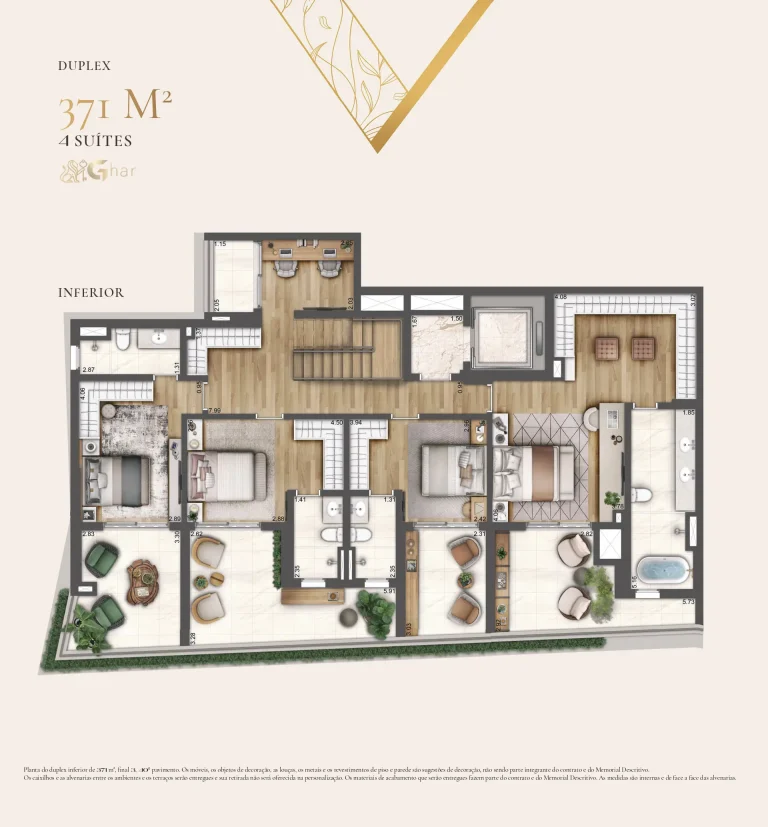 Planta inferior do duplex 4 suítes 371 m² do condomínio Heaven Residences no Paraíso São Paulo