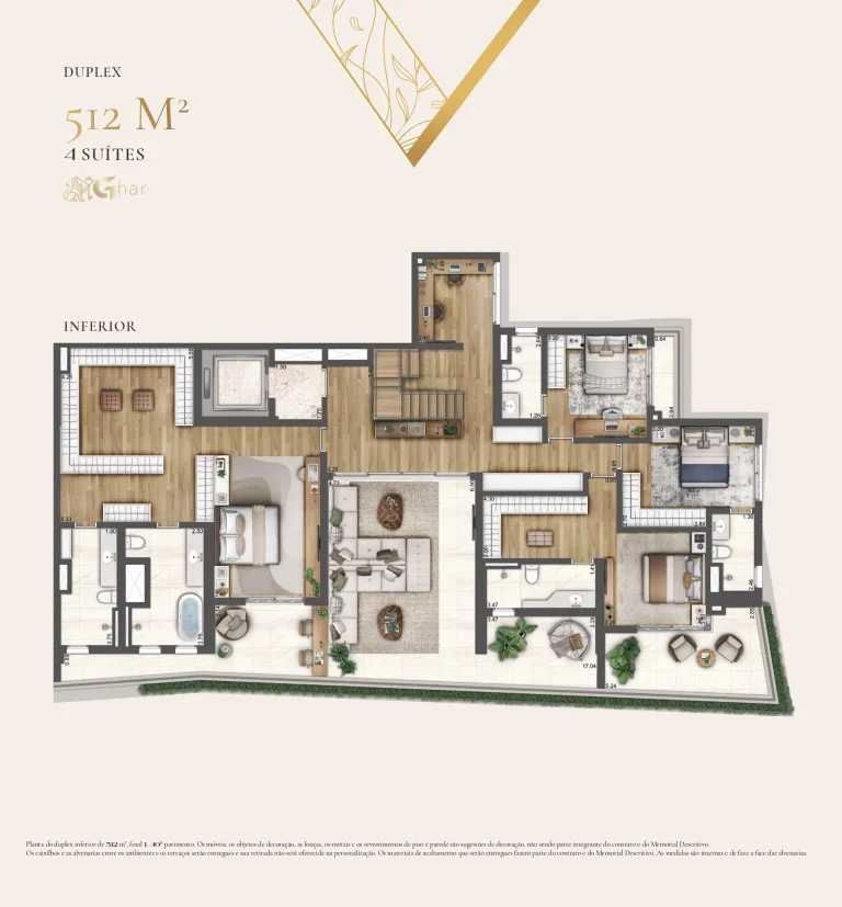 Planta inferior de duplex 4 suítes 512 m² em condomínio residencial no Paraíso Zona Sul São Paulo