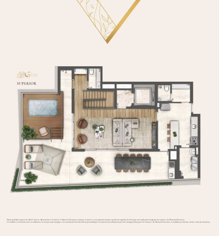 Planta superior de apartamento duplex 4 suítes 371 m² em condomínio de luxo no Paraíso São Paulo
