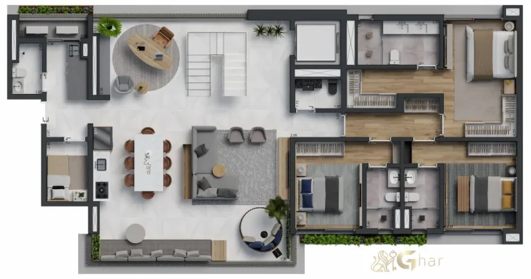 Planta inferior de cobertura duplex de 3 suítes com 360m² em condomínio no Ibirapuera São Paulo