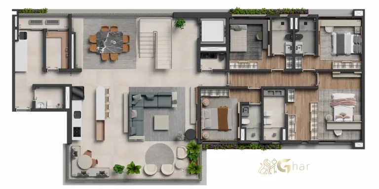 Planta inferior de cobertura duplex de 4 suítes com 426m² em condomínio no Ibirapuera São Paulo