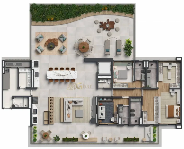 Planta de apartamento giardino de 3 suítes com 368m² do Biotique Ibirapuera no Ibirapuera São Paulo