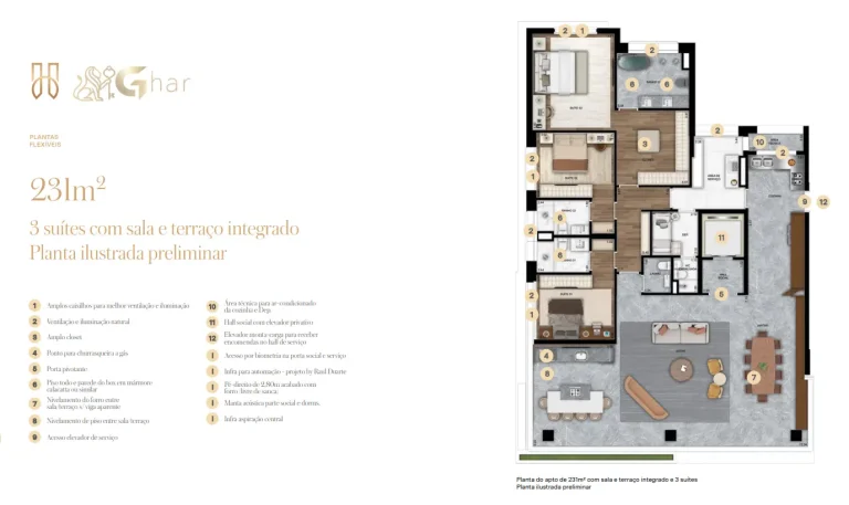 Planta de apartamento 3 suítes no Hóriz Ibirapuera em São Paulo