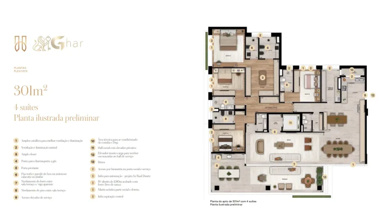 Planta de apartamento 4 suítes no Hóriz Ibirapuera em São Paulo