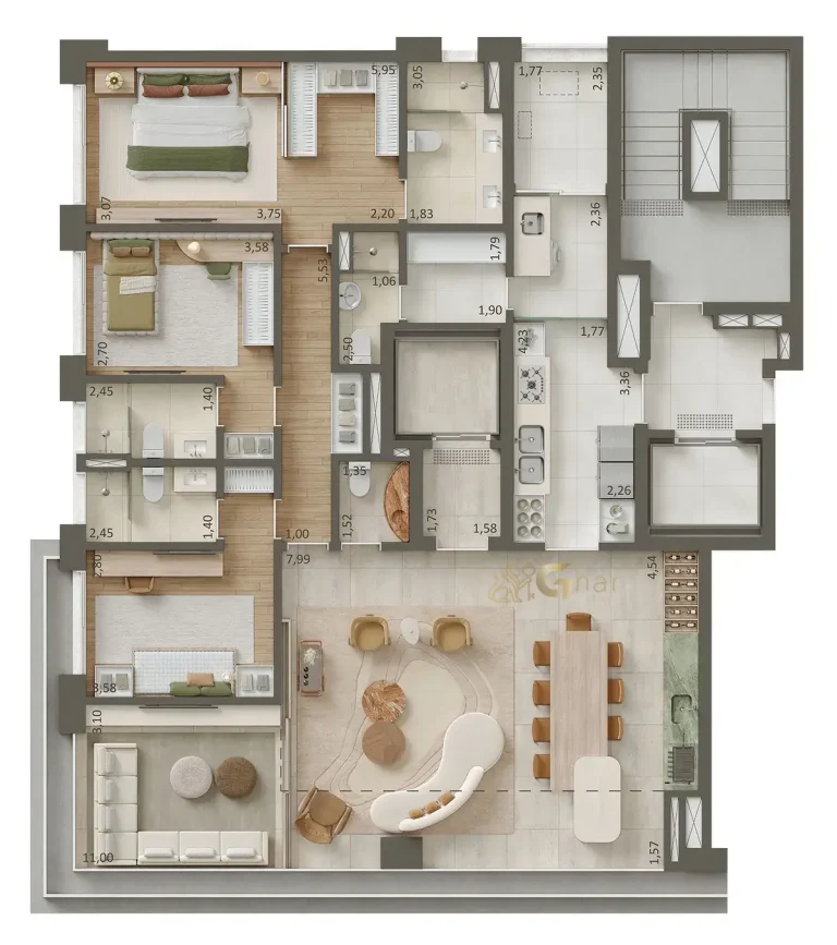 Planta de apartamento com 3 suítes de 180m² no condomínio Porto Paraíso no Paraíso São Paulo