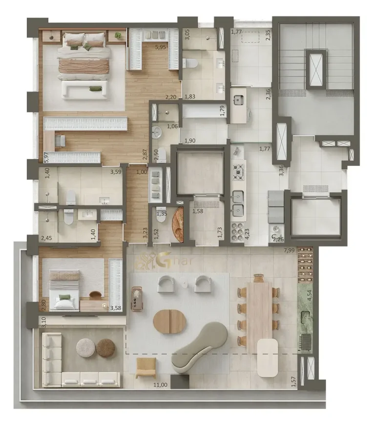 Planta de apartamento com sala ampliada de 180m² em condomínio residencial no Paraíso São Paulo