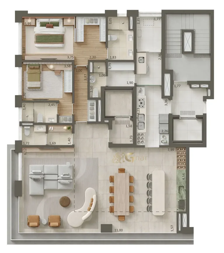 Planta de apartamento com suíte master ampliada de 180m² em condomínio no Paraíso São Paulo