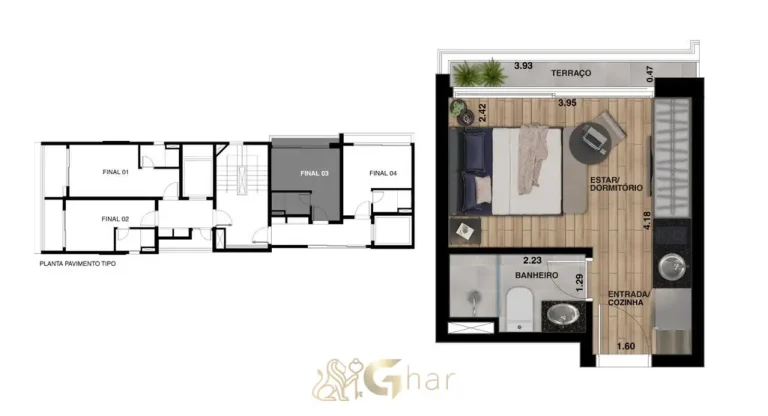 Planta de studio em condomínio residencial no Paraíso Zona Sul de São Paulo