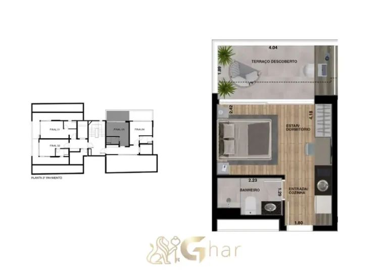 Planta de studio em condomínio residencial no Paraíso Zona Sul de São Paulo