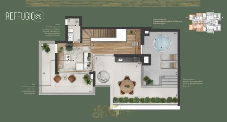 Planta superior de cobertura duplex em condomínio residencial de alto padrão na Aclimação São Paulo