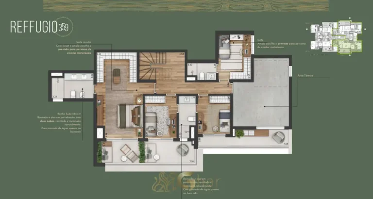 Planta inferior da cobertura duplex 4 suítes 269 m² do Reffugio 359 na Aclimação São Paulo