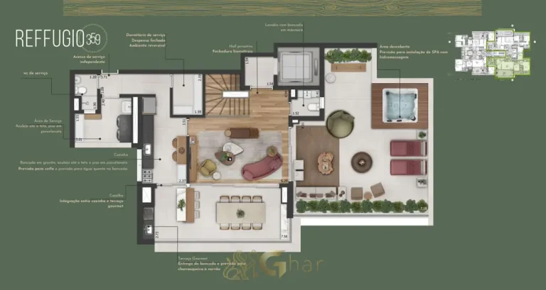Planta superior de cobertura duplex com 4 suítes 269 m² em apartamento de luxo na Aclimação São Paulo