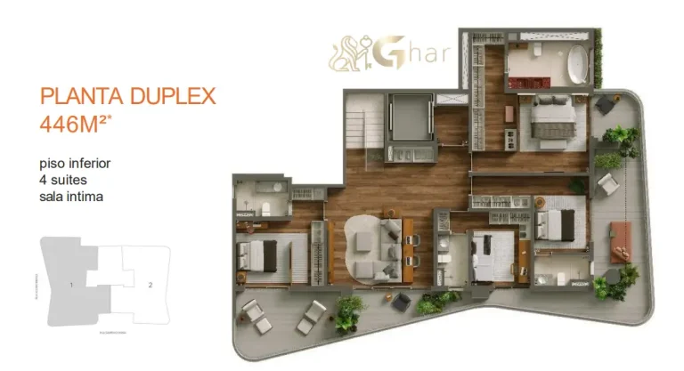 Planta do pavimento inferior da cobertura duplex de 446m² do Ibiatã Paraíso no Paraíso São Paulo