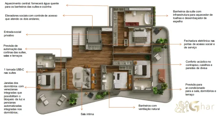 Segunda opção de planta do pavimento inferior da cobertura duplex 446m² no Paraíso São Paulo