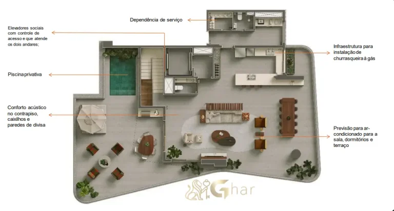 Segunda opção de planta do pavimento superior da cobertura duplex 446m² no Paraíso São Paulo