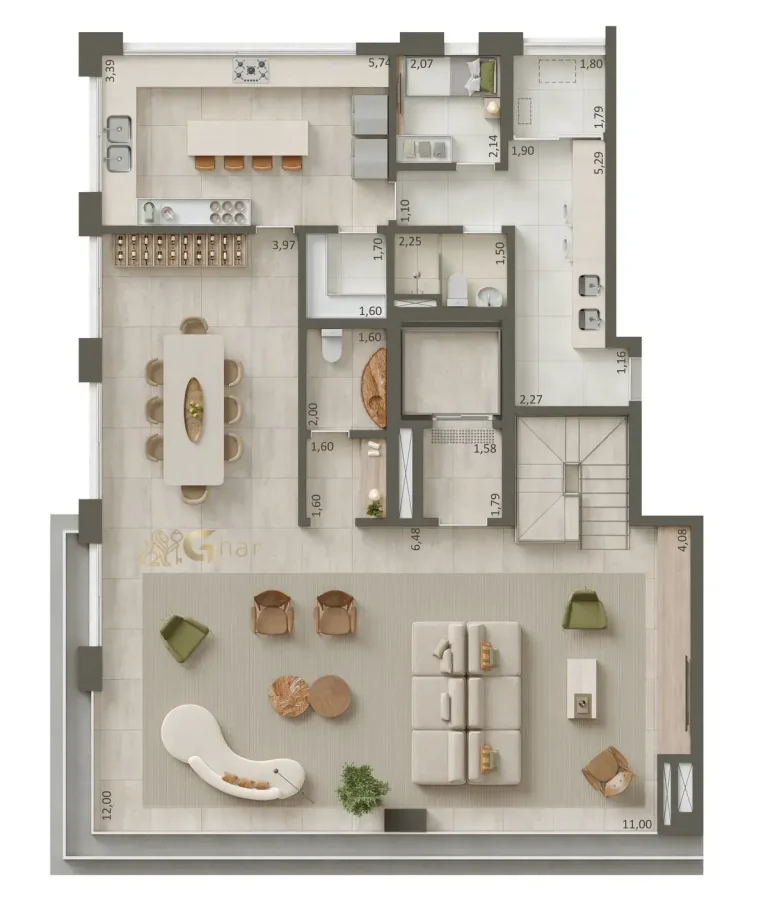 Planta inferior de cobertura duplex de 361m² em apartamentos de alto padrão no Paraíso São Paulo