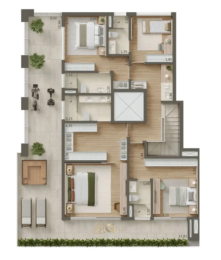 Planta superior de cobertura duplex de 361m² do condomínio Porto Paraíso no Paraíso São Paulo