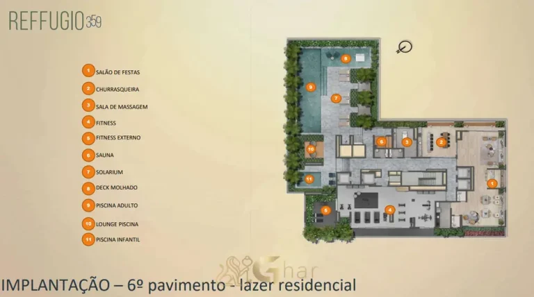 Planta do 6º pavimento de lazer em condomínio residencial de alto padrão na Aclimação São Paulo
