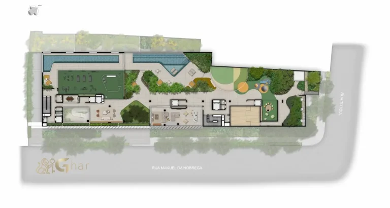 Planta de implantação do lazer do condomínio Biotique Ibirapuera no Ibirapuera São Paulo