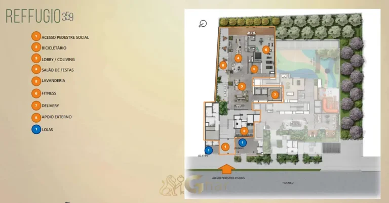 Planta do térreo com áreas comuns em condomínio de apartamentos de alto padrão na Aclimação São Paulo