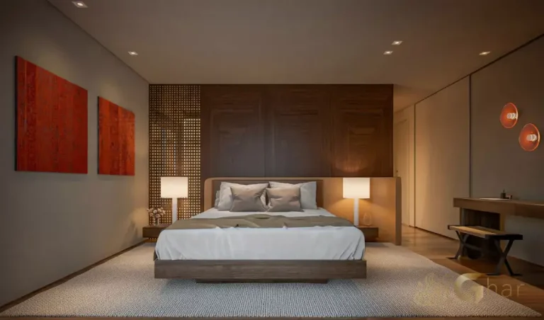 Imagem do quarto do apartamento decorado de 226 m² do Ibiatã Paraíso, condomínio residencial de alto padrão da Setin Incorporadora no bairro Paraíso, Zona Sul de São Paulo. O ambiente decorado por Sala 2 Arquitetura entrega venezianas integradas para bloqueio total de luz, persianas automatizadas, conforto acústico superior e acabamentos nobres em cada detalhe.