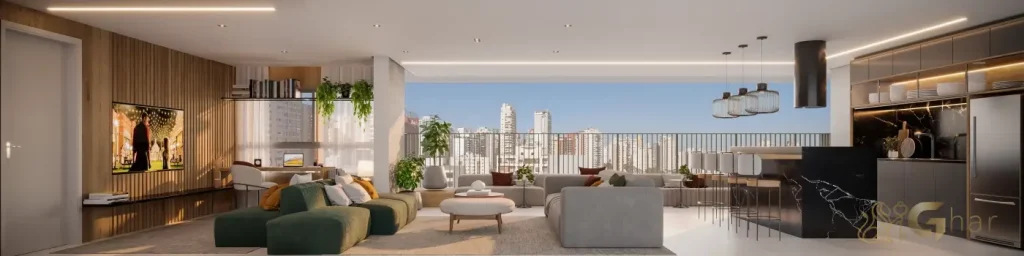 Sala de apartamento decorado do Biotique Ibirapuera no bairro Ibirapuera em São Paulo