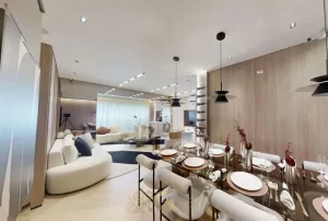 Sala de jantar integrada do apartamento decorado do High Line By Living na Aclimação São Paulo