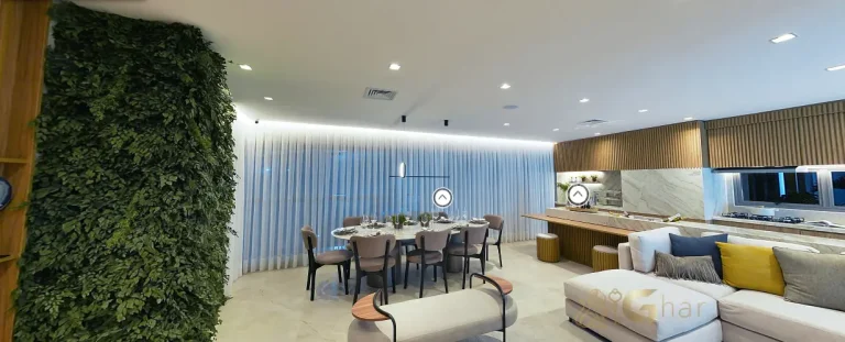Sala e varanda de apartamento decorado em condomínio de alto padrão na Aclimação São Paulo
