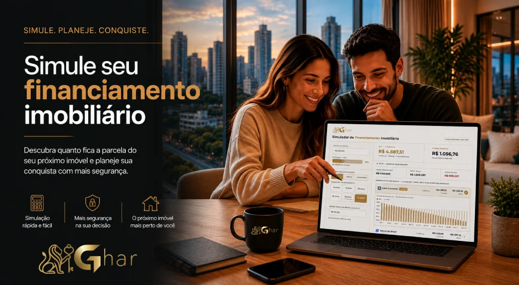 Simulador de financiamento imobiliário da Ghar Imóveis com cálculo de parcelas, entrada e comparação bancária