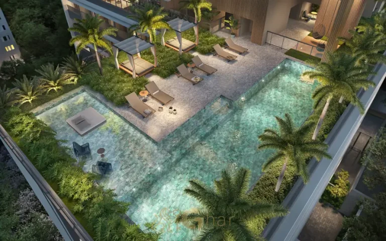 Vista aérea da piscina em condomínio residencial na Aclimação Zona Centro de São Paulo