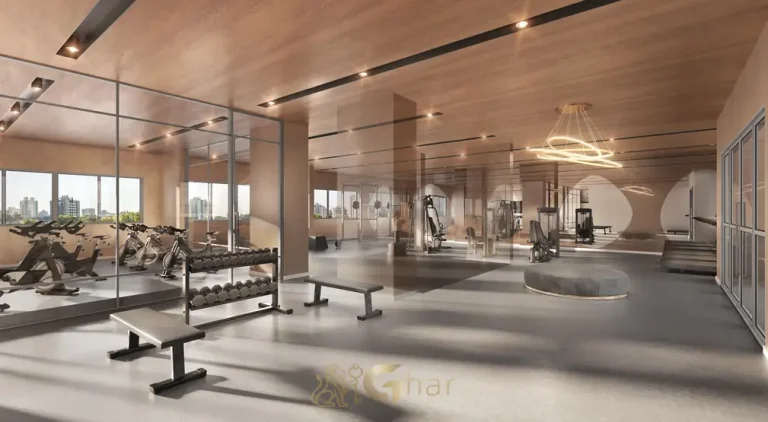 Academia fitness com vista para o lazer do condomínio Grand Square no bairro da Praça da Árvore, São Paulo