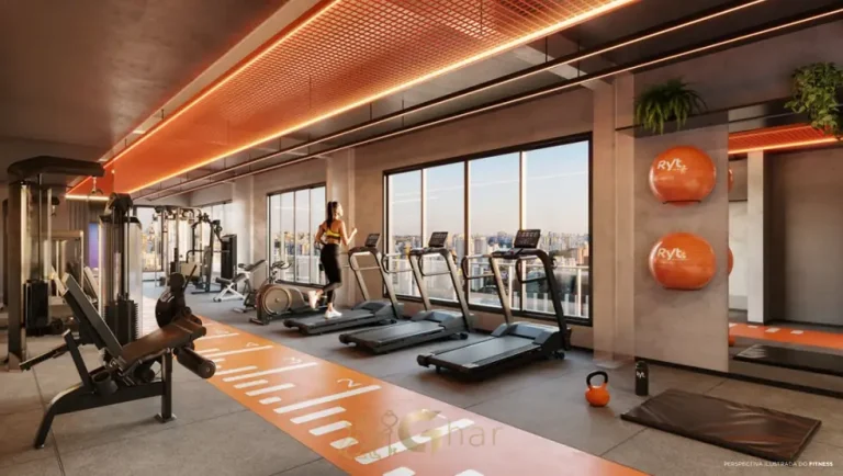 Academia com vista do skyline em apartamentos no bairro da Bela Vista, São Paulo