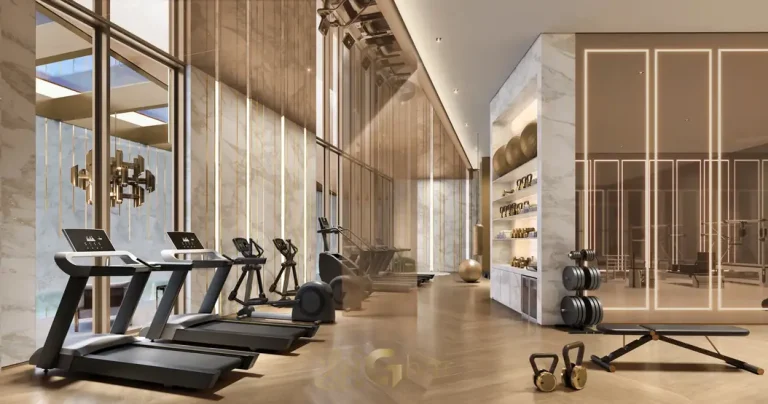 Área de fitness equipada do condomínio Saffire by Elie Saab no bairro de Moema, São Paulo
