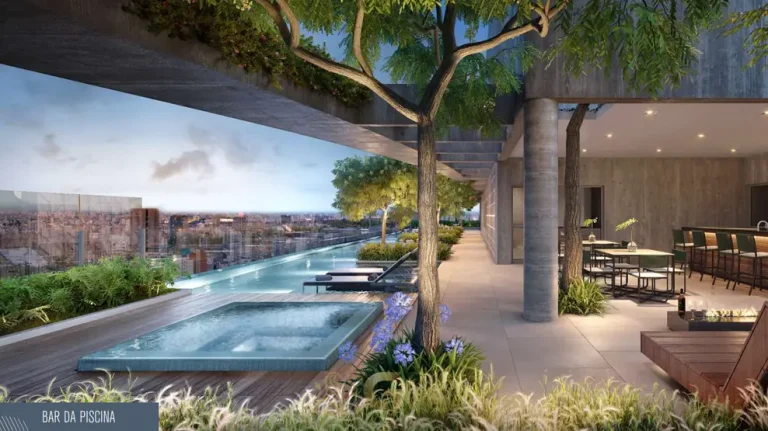 Bar da piscina com deck e spa em apartamentos em Higienópolis, São Paulo