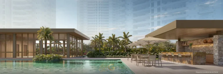 Bar da piscina do condomínio Jardim da Hípica Residences no bairro do Alto da Boa Vista, São Paulo