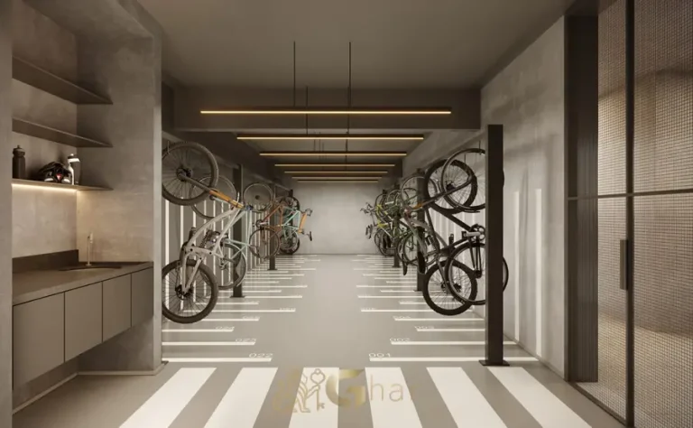 Bicicletário em apartamentos no bairro de Moema, São Paulo