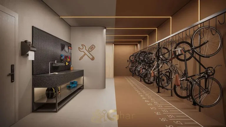 Bicicletário coberto no subsolo em apartamentos no bairro da Vila Nova Conceição, São Paulo